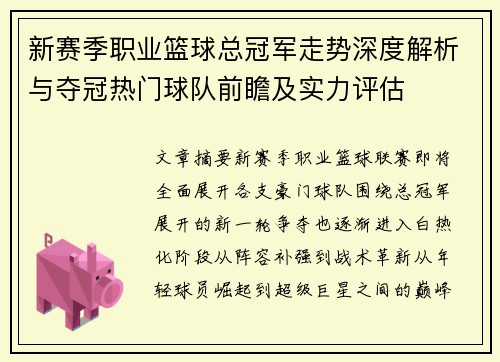 新赛季职业篮球总冠军走势深度解析与夺冠热门球队前瞻及实力评估